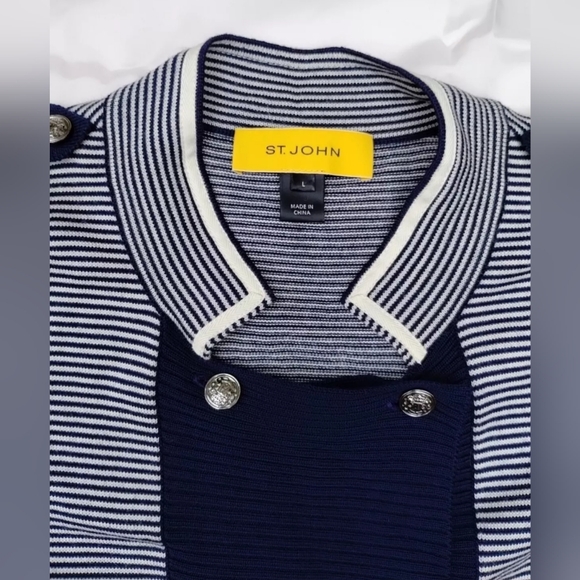 St. John Yellow Label Nautical Jacket Style Striped Sweater Navy Blue White Sz L - Picture 2 of 11